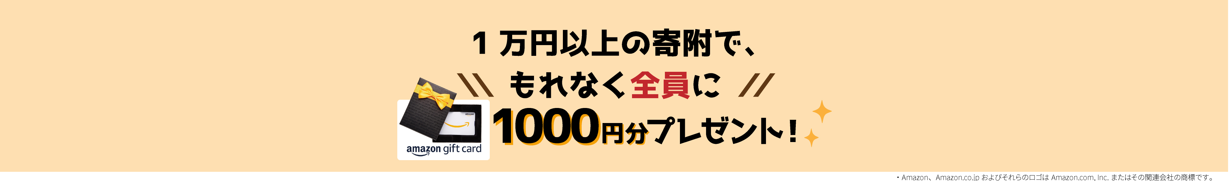 1万円以上の寄附で、<br>もれなく全員に<br>Amazonギフトカード1000円プレゼント！