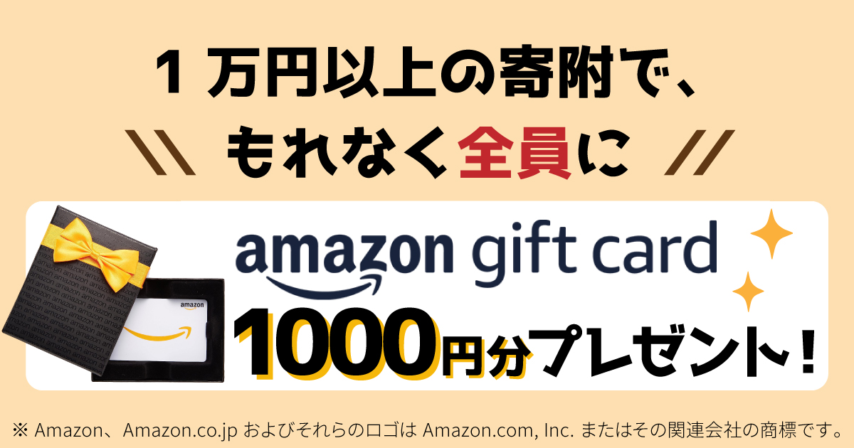 1万円以上の寄附で、<br>もれなく全員に<br>Amazonギフトカード1000円プレゼント！